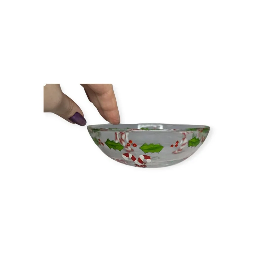 Gorham Glass Christmas Holly with Berries & Candy Cane Painted Bowl 7